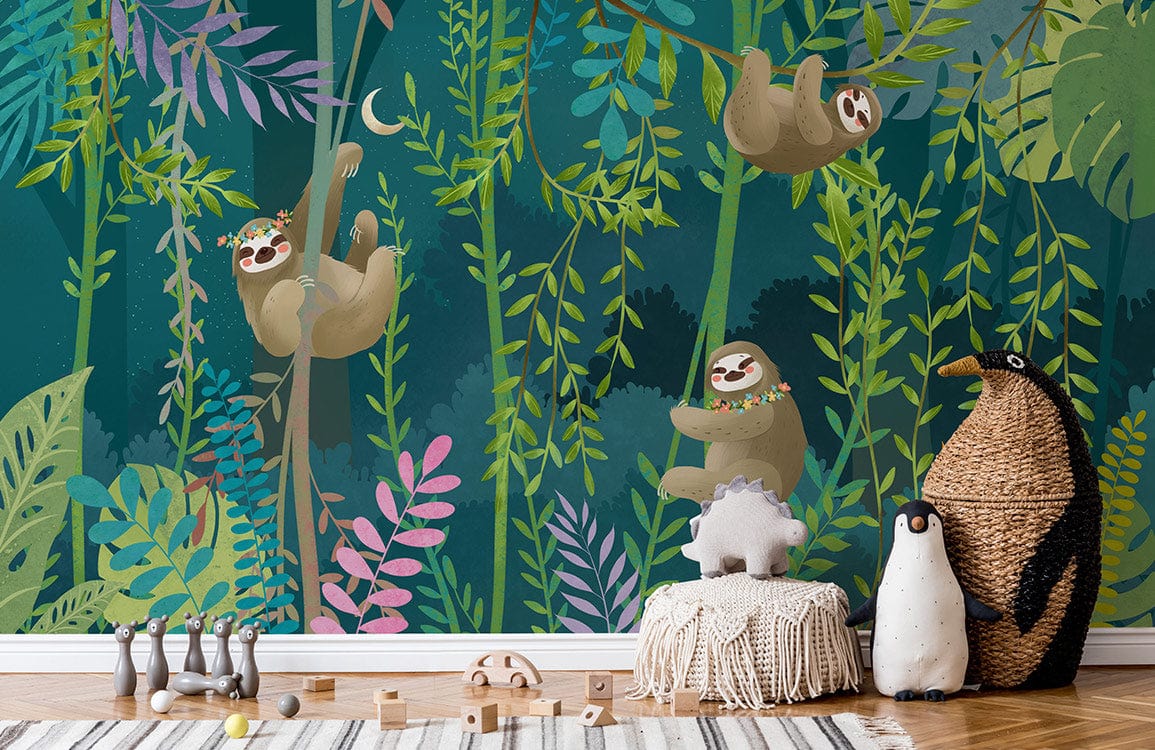 Wallpaper mural of a sloth playing on vines for a child's room