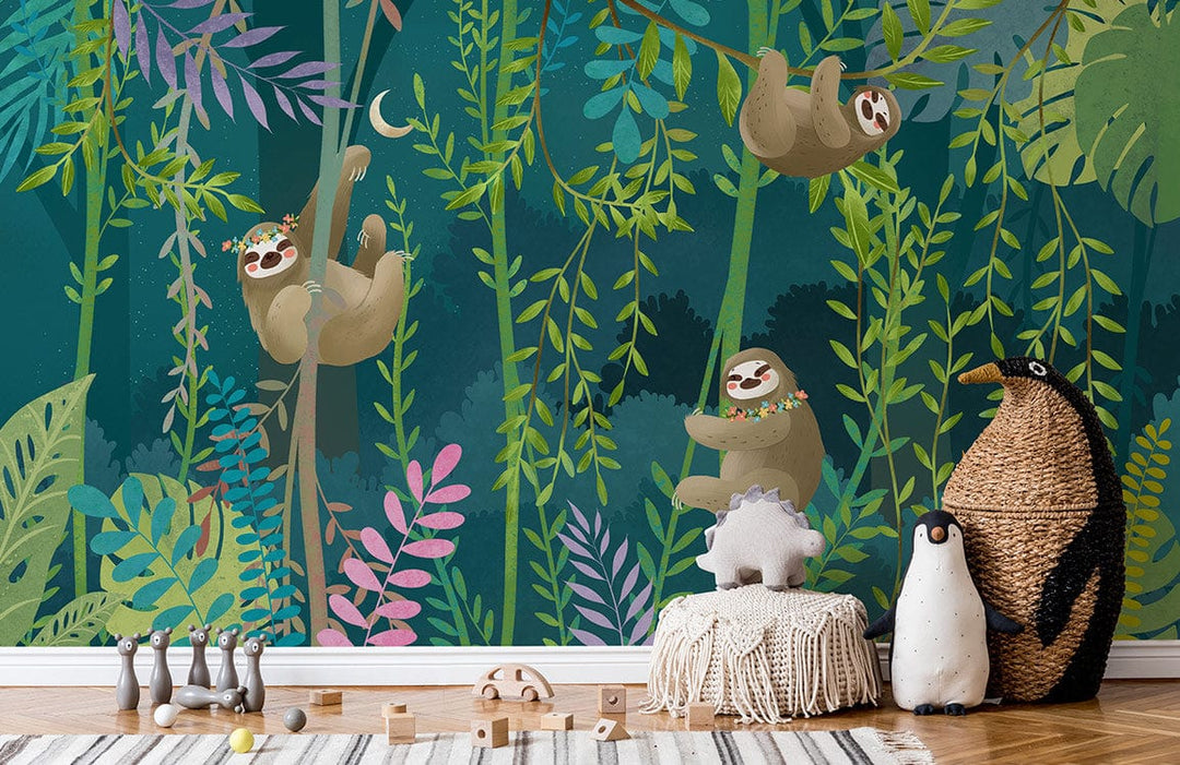 Whimsical Jungle Adventure mural wallpaper in a vibrant nursery with plush toys and wooden flooring.