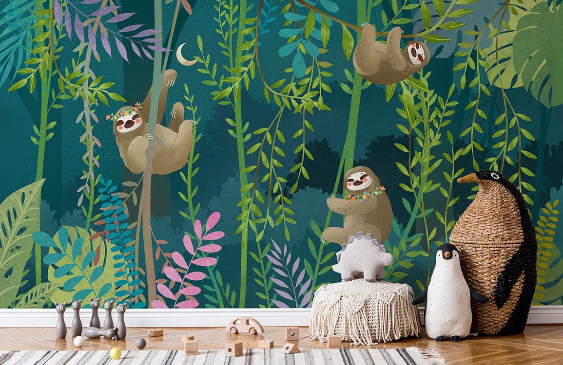 Whimsical Jungle Adventure mural wallpaper in a vibrant nursery with plush toys and wooden flooring.