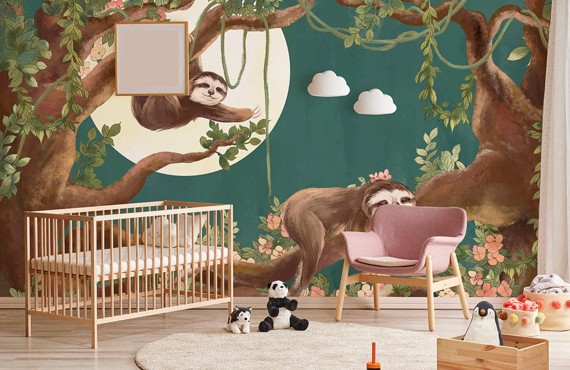 Enchanting Sloth Jungle Mural Wallpaper in nursery; features moonlit greenery, pink chair, wooden cot, rug.