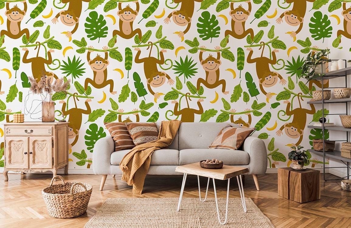 Cheerful monkey wallpaper in green, brown; grey sofa; wooden floor; rustic kids' room decor; jungle theme.