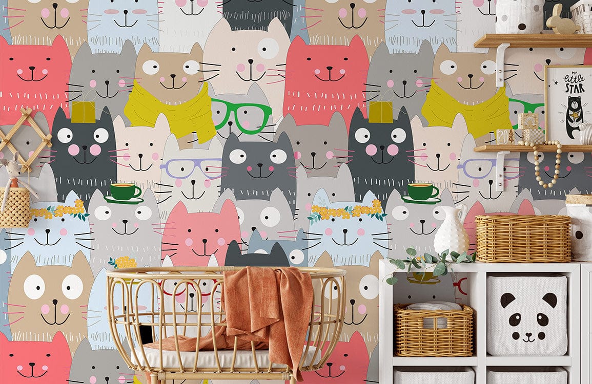 custom wallpaper mural for nursery, a design of smiling cats pattern