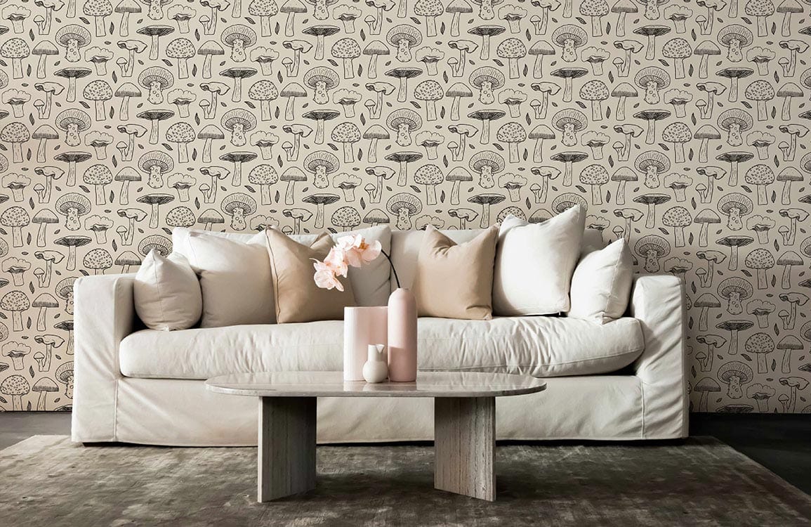Whimsical beige mushroom patterned wallpaper in chic vintage interior with cream sofa and wooden table.