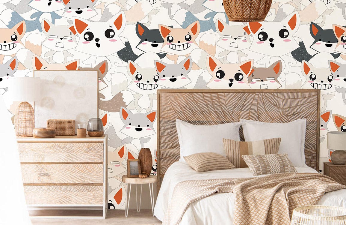 Playful Fox Friends nursery wallpaper with woven bed, wooden dresser, and hanging basket in stylish bedroom.