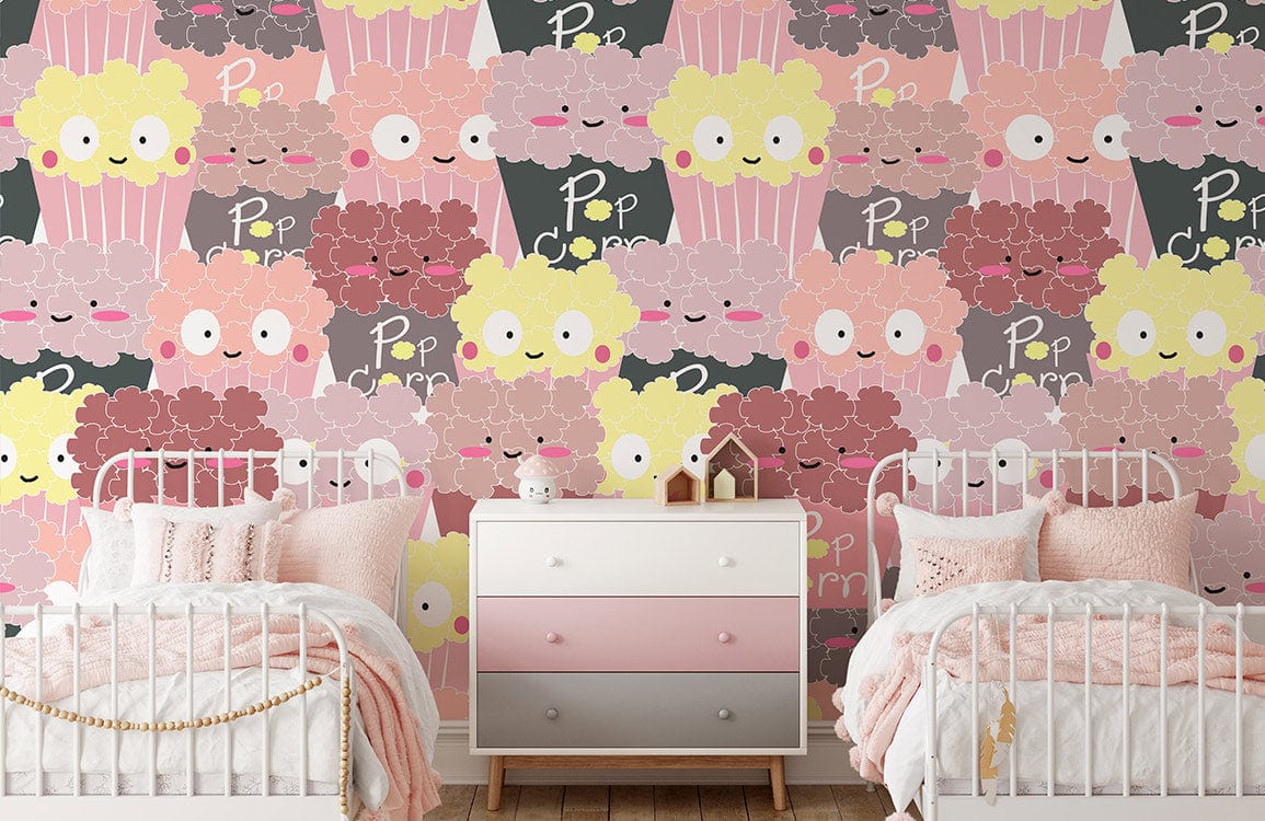Playful pastel popcorn wallpaper for kids' room with twin white beds and pink drawer dresser.