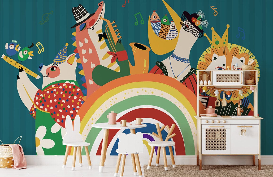 Colourful animal orchestra mural wallpaper in children's room with white furniture and wooden flooring.