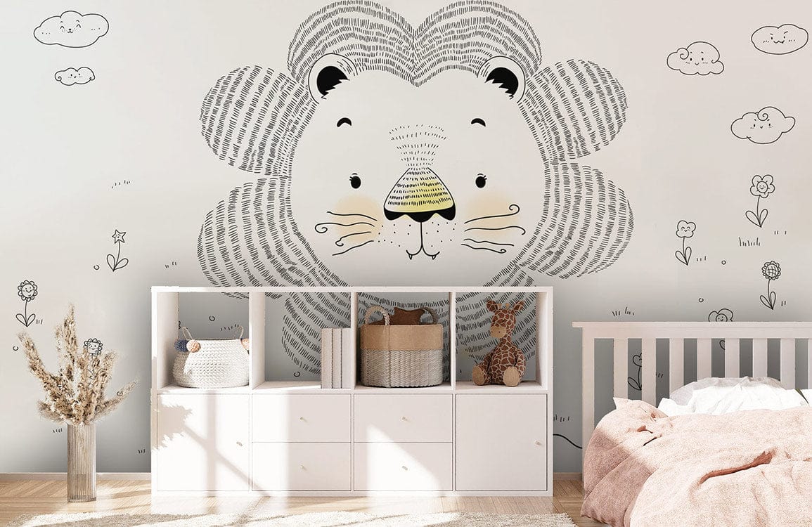 For children's room design, a clever unpainted lion wallpaper mural