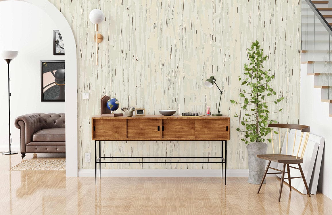 Elegant neutral cream and beige striped wallpaper in contemporary living room with wooden sideboard, brown sofa.