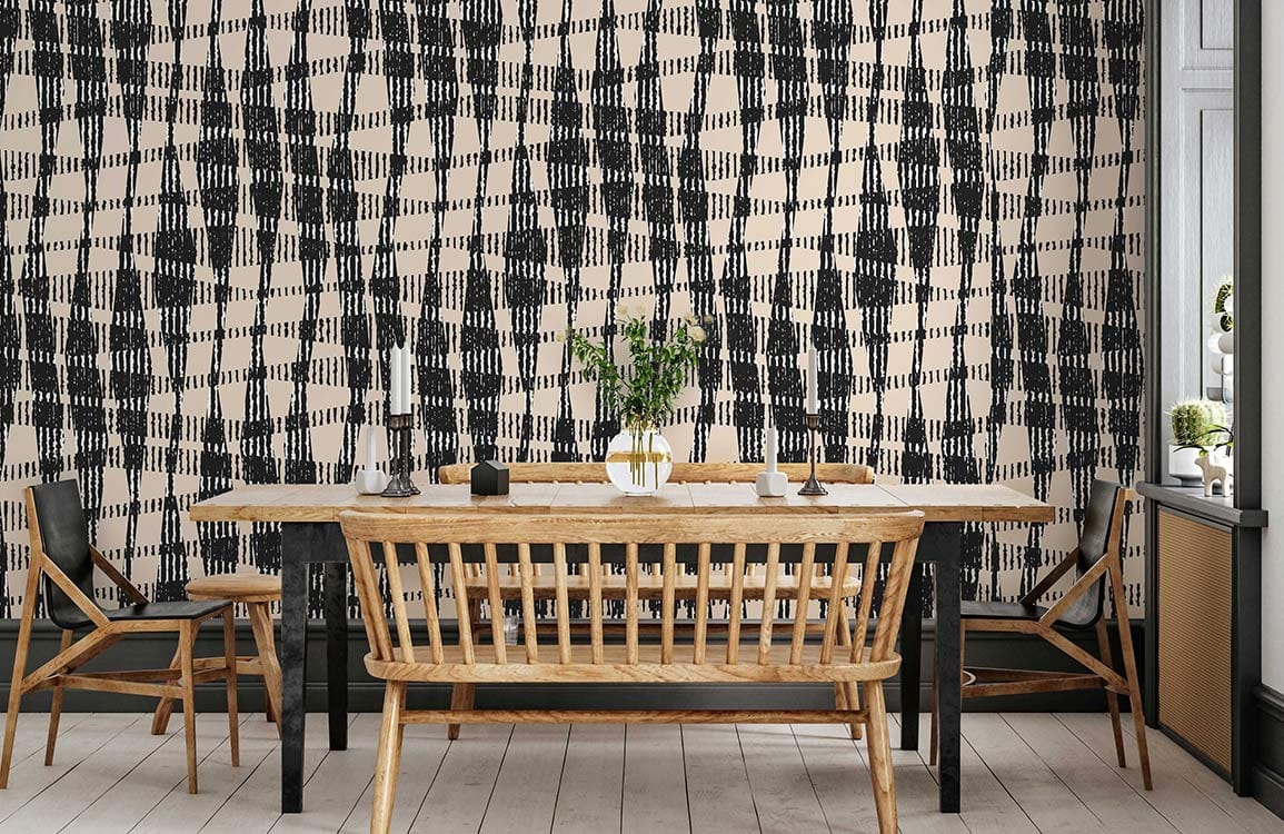 Modern black and beige geometric check wallpaper; stylish dining room with wooden furniture and decor.