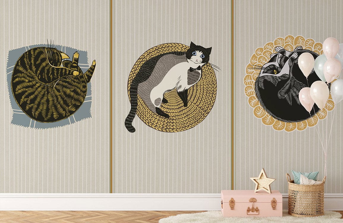 Cosy Cats Trio Mural Wallpaper, vintage style warm neutrals, featuring neutral walls, wooden flooring, nursery.