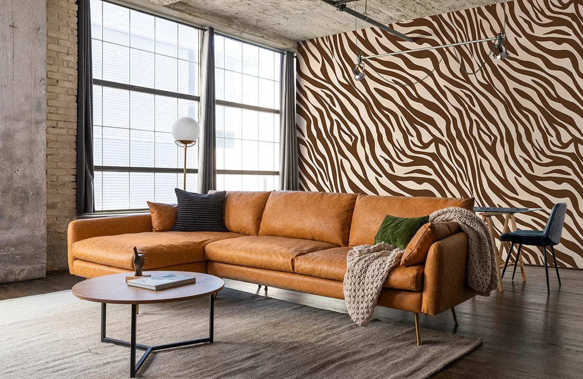 Brown Zebra Stripes Animal Print Wallpaper, leather sofa, industrial loft, wooden flooring, modern lounge.