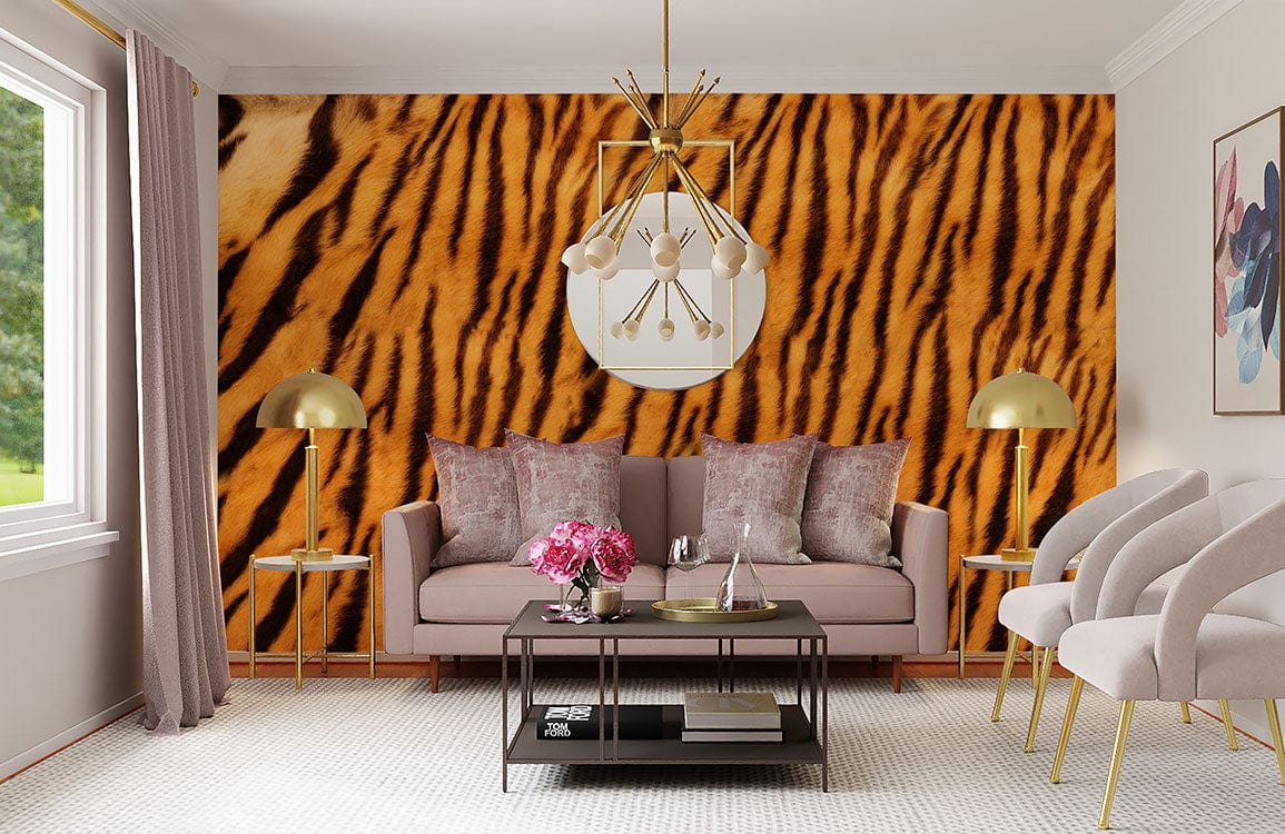 Luxury Tiger Stripe Wallpaper in a modern living room with beige sofa, elegant lighting, and decor.