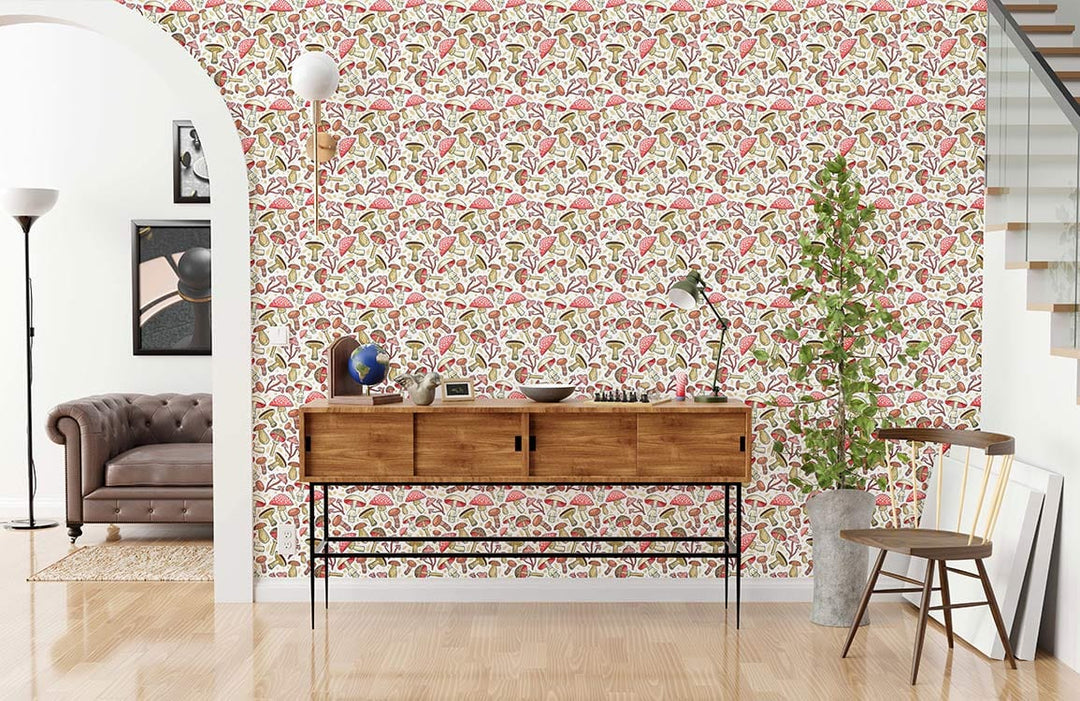 Vintage botanical mushroom wallpaper, earthy tones, mid-century console table, brown sofa, wooden flooring.