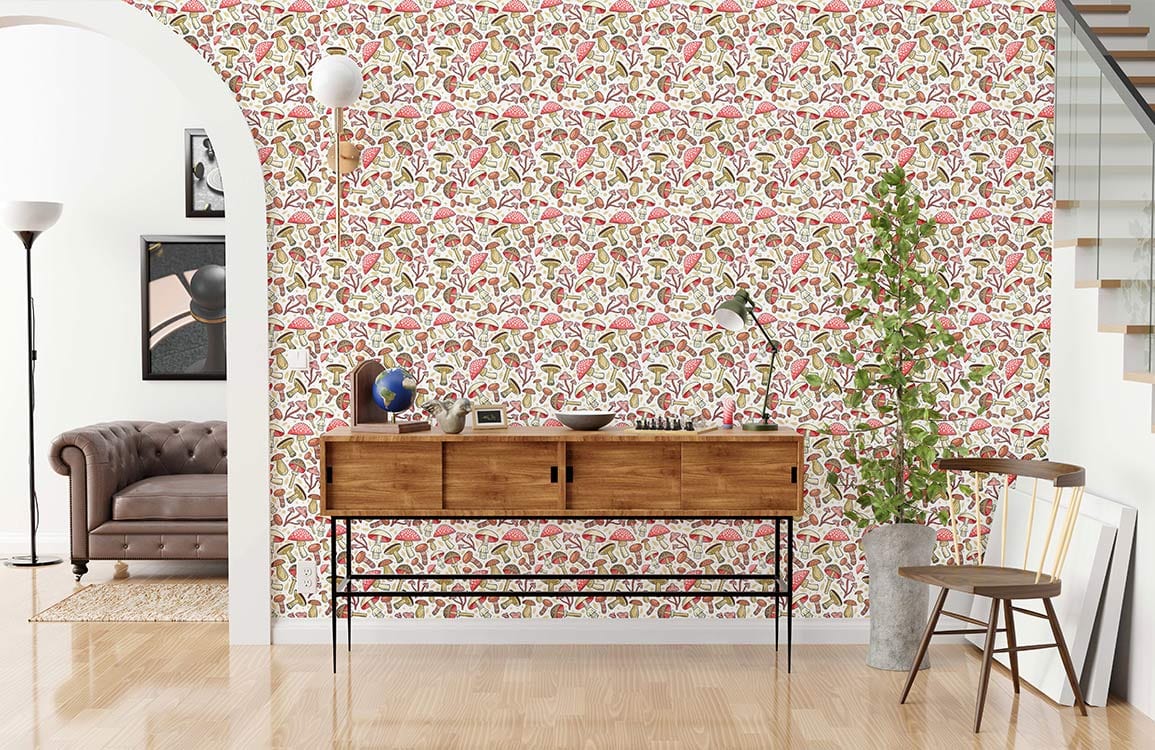 Vintage botanical mushroom wallpaper, earthy tones, mid-century console table, brown sofa, wooden flooring.