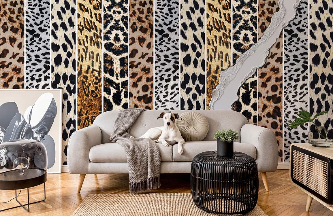 Exotic Leopard Stripe Pattern Wallpaper in living room with grey sofa, parquet flooring, and abstract art.