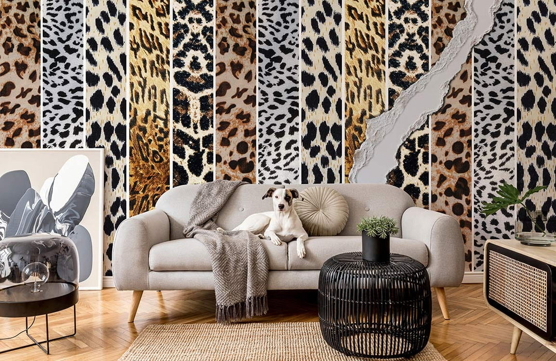 Exotic Leopard Stripe Pattern Wallpaper in living room with grey sofa, parquet flooring, and abstract art.