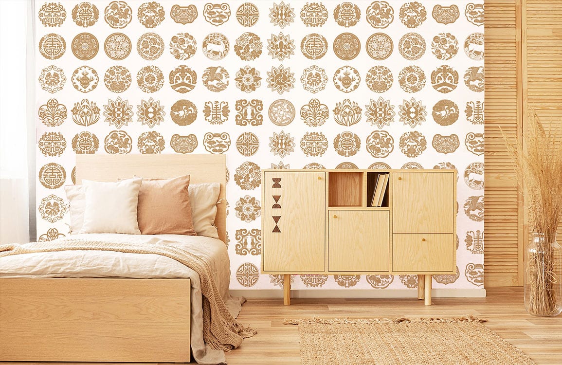 Vintage beige geometric wallpaper in bedroom with wooden bed, sideboard, and natural decor accents.