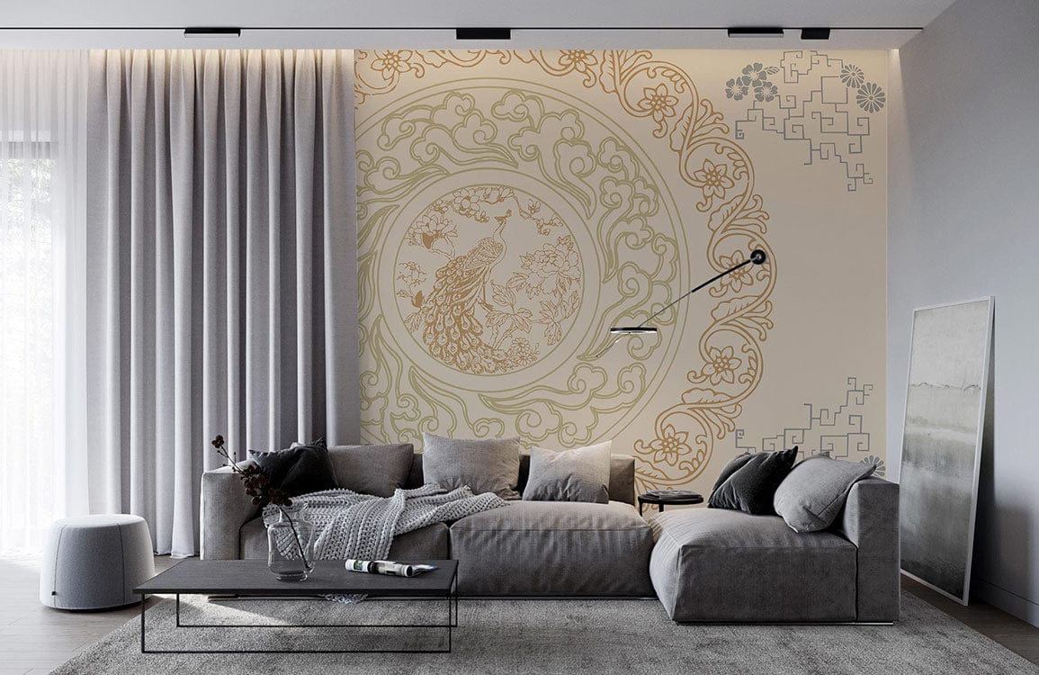 Elegant Vintage Peacock Mural Wallpaper in modern living room; grey sofa, sleek coffee table, curtains.