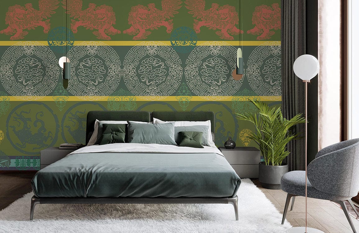 Vintage Oriental green and gold patterned wallpaper in elegant bedroom with grey sofa and plush rug.