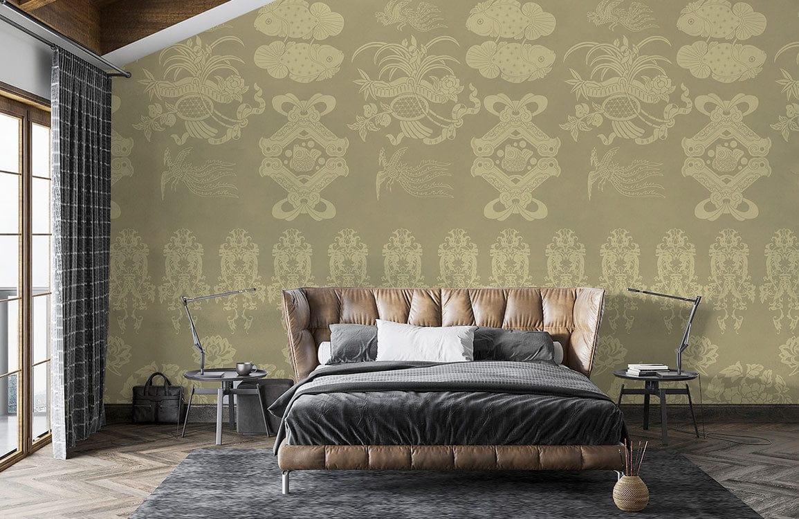 Vintage ornate beige floral damask wallpaper in elegant bedroom; leather bed, grey rug, wooden flooring.