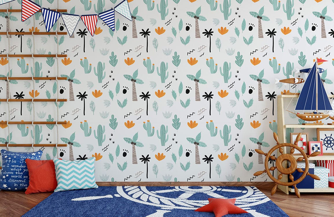 Whimsical tropical wallpaper in children's room with nautical decor; blue rug, toy ship, wooden flooring.