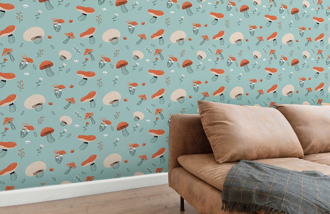 Whimsical teal botanical mushrooms wallpaper with tan sofa, in playful interior, wooden flooring bedroom.