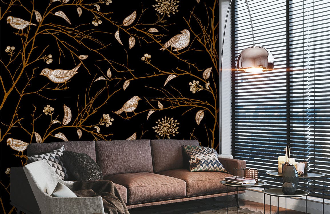 Elegant gold-black bird wallpaper for luxurious interiors, brown sofa, modern lighting, and striped blinds.