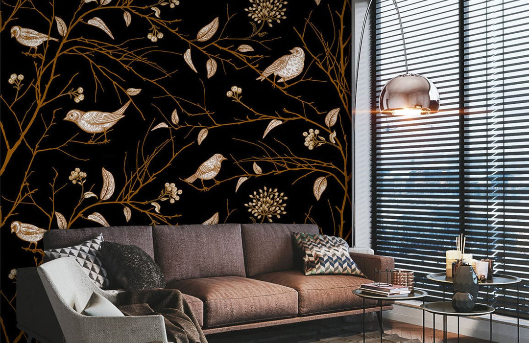 Elegant gold-black bird wallpaper for luxurious interiors, brown sofa, modern lighting, and striped blinds.