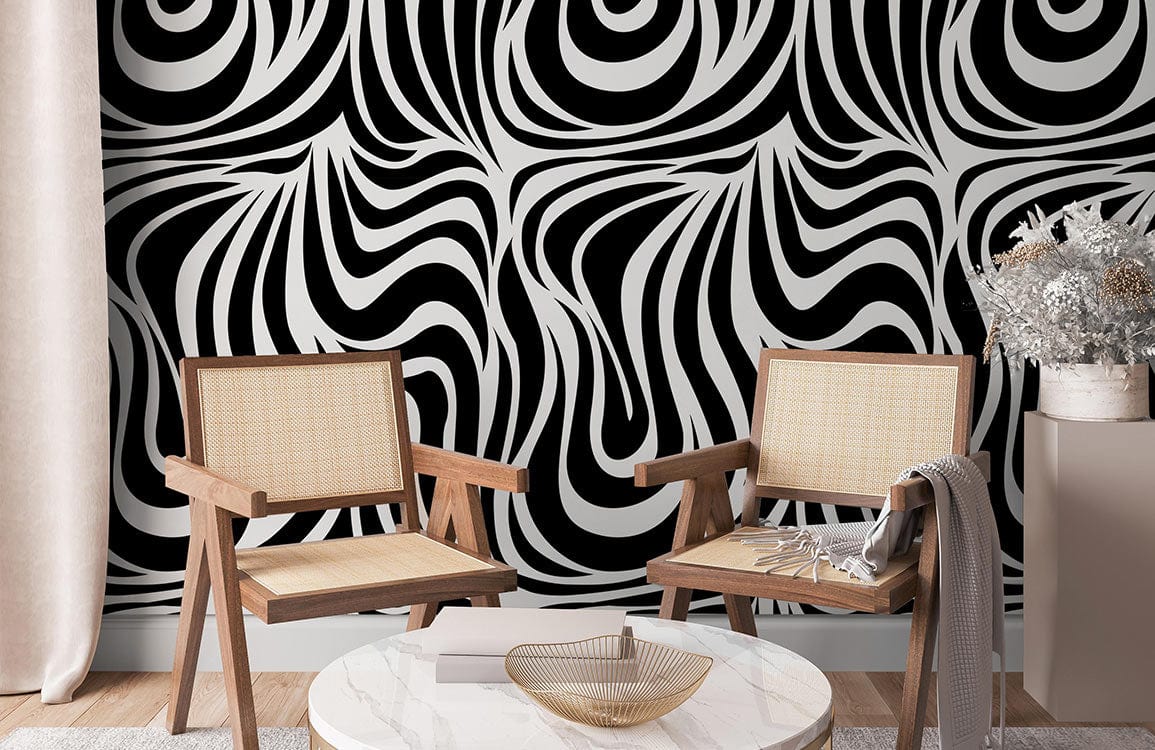 Monochrome abstract waves wallpaper with geometric pattern, wooden chairs, and marble coffee table in living room.