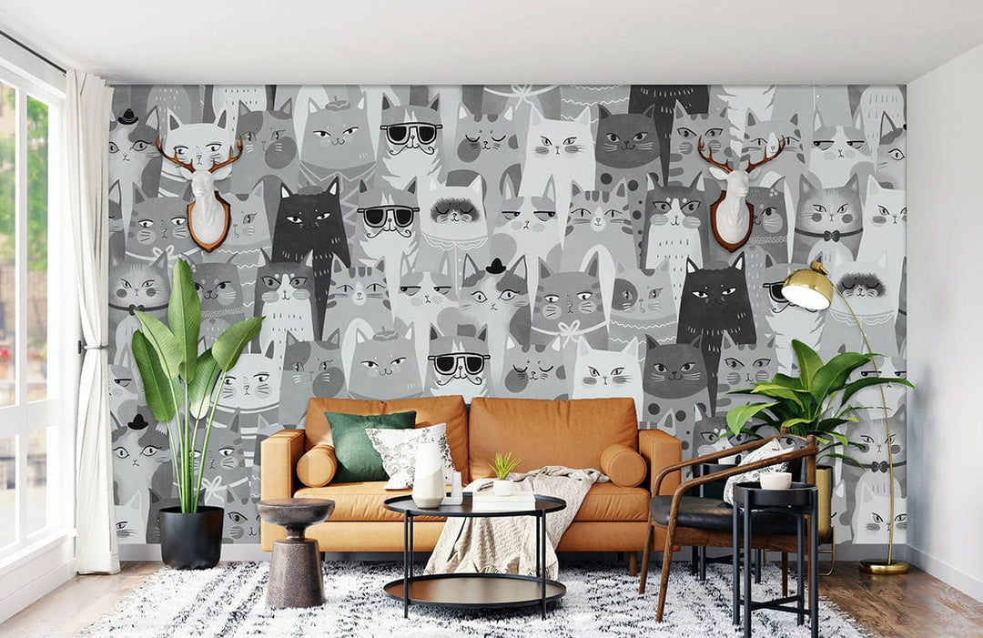 Monochrome Whimsical Cats Wallpaper, modern living room, tan sofa, white rug, playful decor accents.