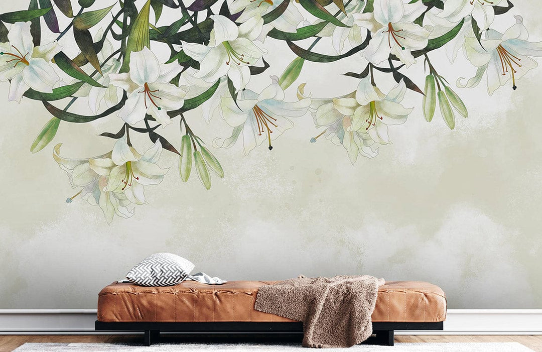 Elegant White Lily Floral Watercolour Mural, tan leather sofa, minimalist style, soft grey walls.