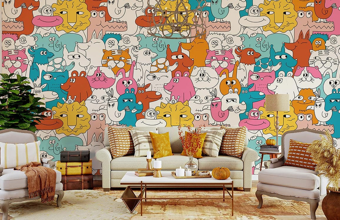 Colourful Cartoon Animal Friends kids' wallpaper in living room with beige sofas and patterned cushions.
