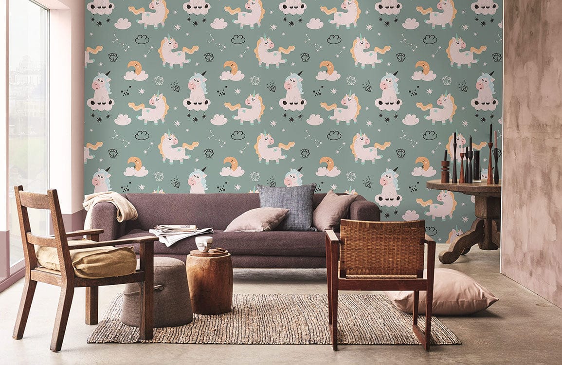 Magical Unicorn Dreams Wallpaper in pastel sage, with brown sofa, wooden chairs, and concrete flooring.