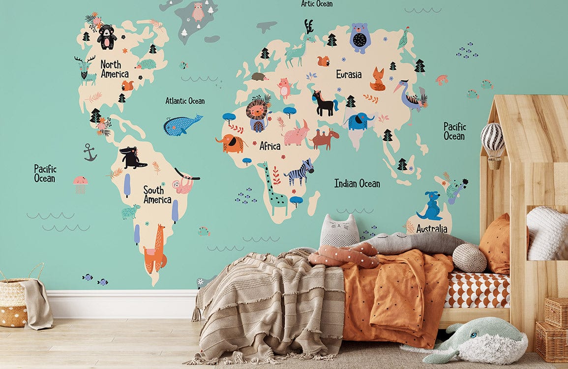 Colourful Children's World Map Mural Wallpaper in kid's room with wooden furniture and cosy cushions.