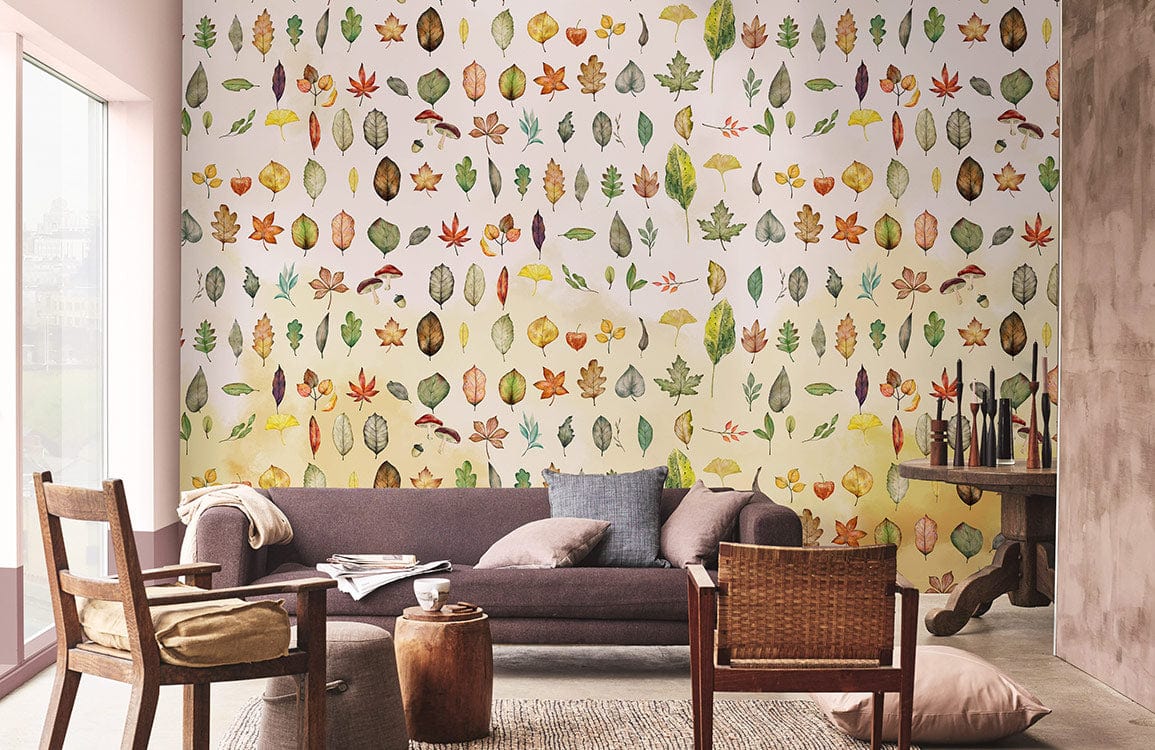various leaves above yellow background wallpaper mural for home
