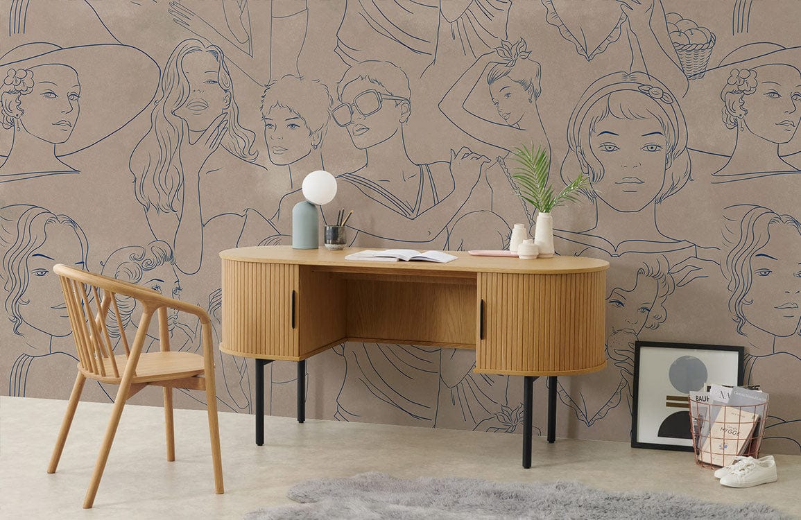 Vintage Minimalist Sketch Ladies Beige Mural Wallpaper features wooden desk, chair, and modern artwork decor.