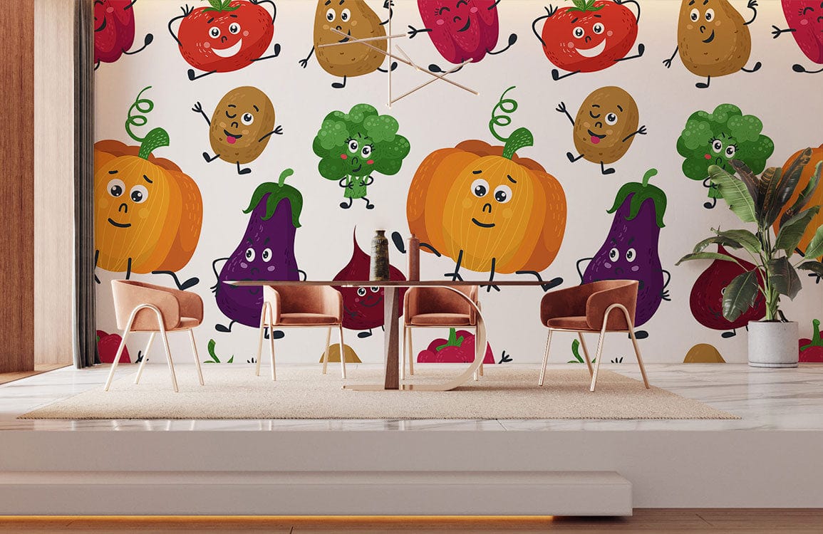 Vibrant cartoon vegetable wallpaper in lively dining room; modern chairs, wooden flooring, stylish decor.