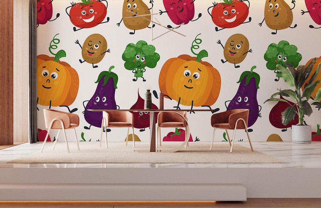 Vibrant cartoon vegetable wallpaper in lively dining room; modern chairs, wooden flooring, stylish decor.