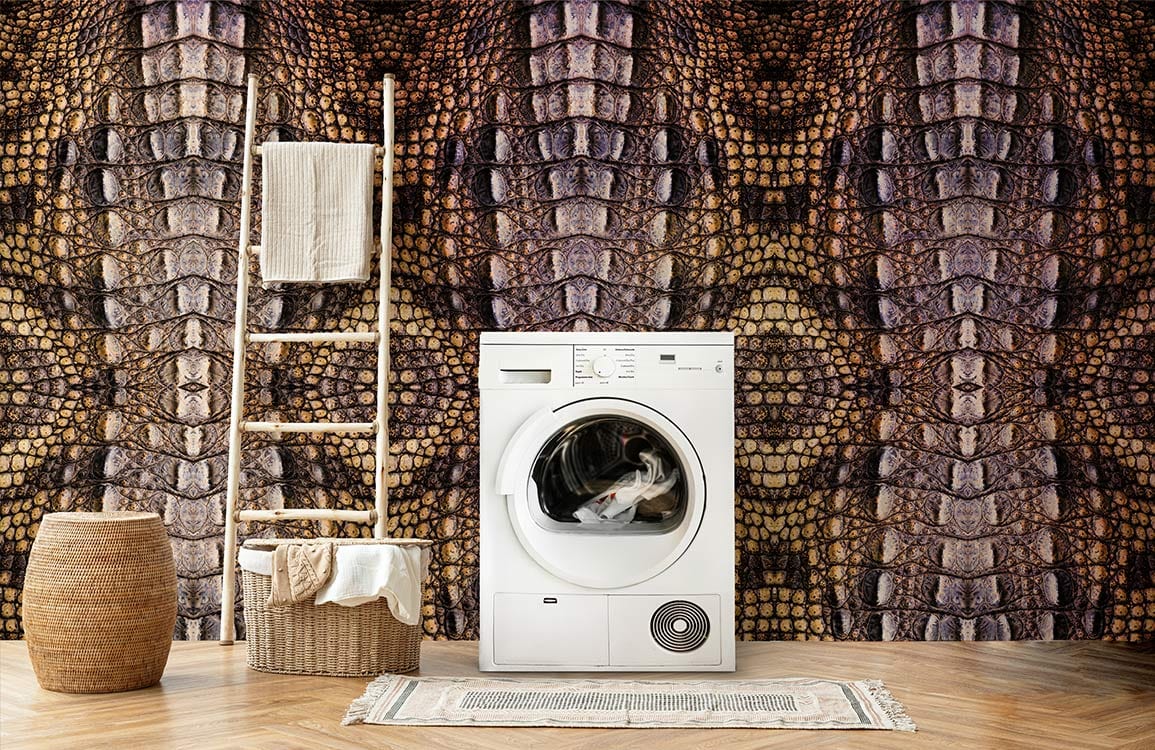 Exotic Textured Mosaic Wallpaper complements white washing machine, ladder shelf, basket, in bold interior setting.