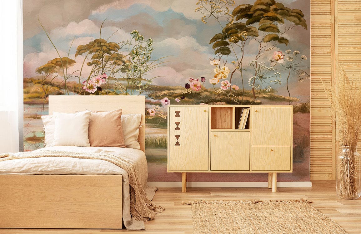 Bedroom with Serene Pastel Landscape Mural, light wood furniture, beige bedding, and wooden flooring.