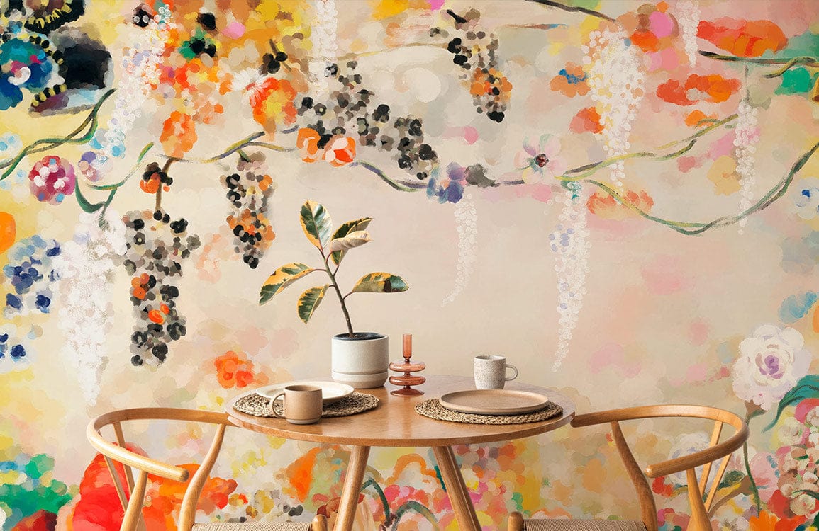 Vibrant floral wallpaper mural in dining room with wooden table, chairs, and colourful artistic design.