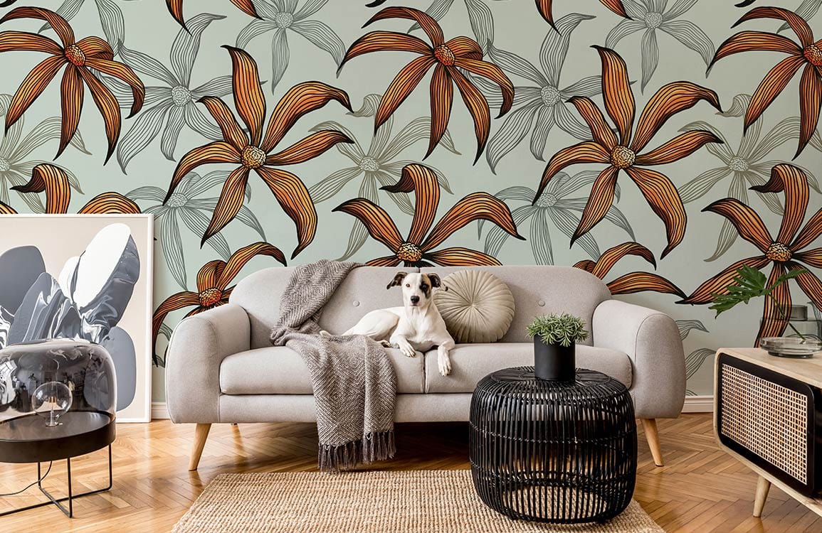 Vintage botanical wallpaper, earthy floral design, beige sofa, modern decor, parquet flooring, cosy living room.