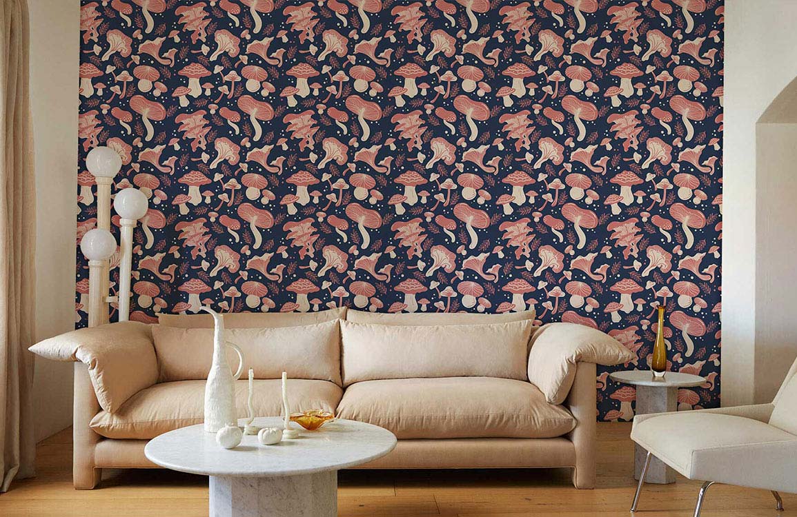 Whimsical pink mushroom wallpaper, beige sofa, modern white table, enchanting forest-style, warm wooden flooring.