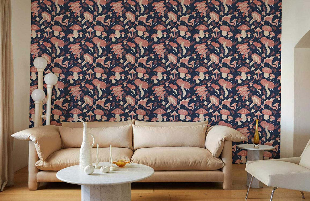 Whimsical pink mushroom wallpaper, beige sofa, modern white table, enchanting forest-style, warm wooden flooring.