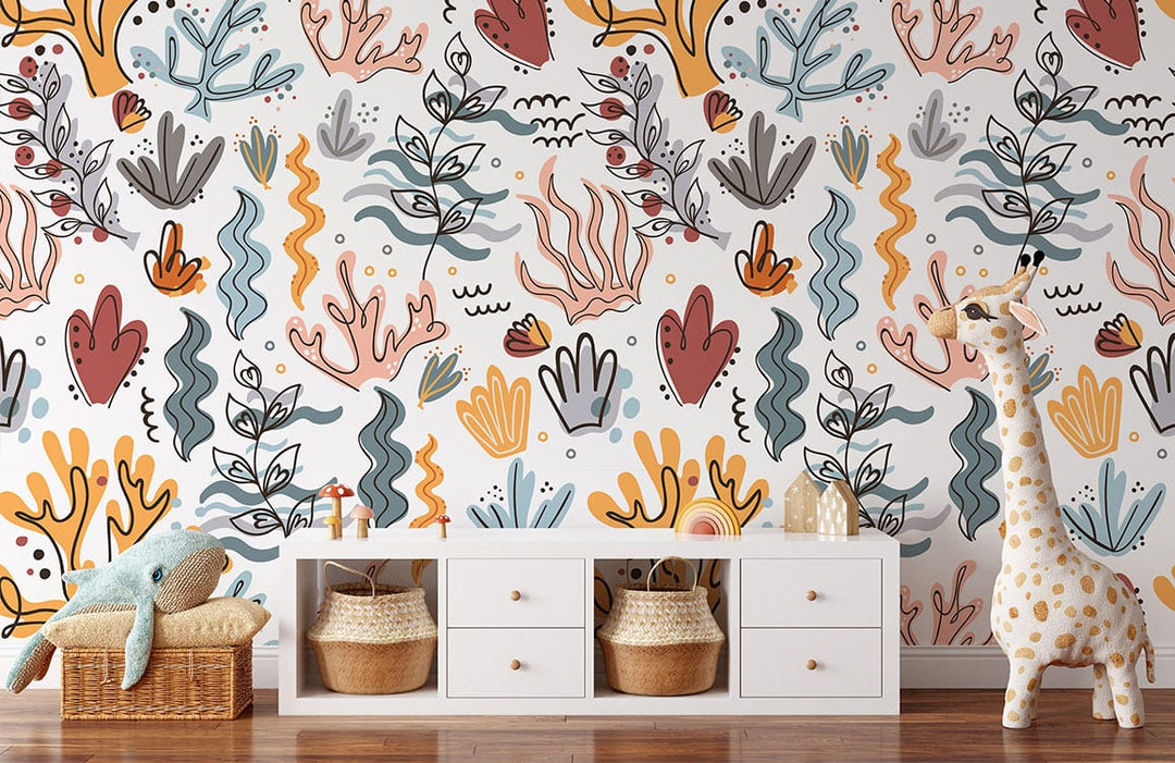 Abstract Botanical Bliss Wallpaper with playful design in nursery, white drawers, wooden flooring, plush toys.