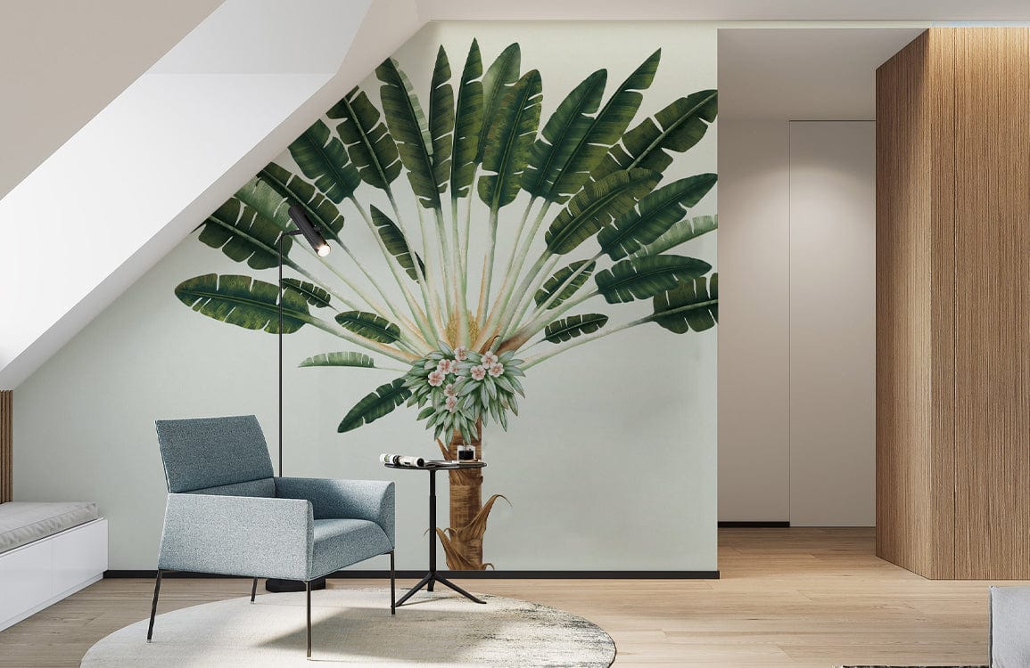 Vintage Tropical Palm Tree Mural in green tones, grey armchair, light wood flooring, contemporary style.