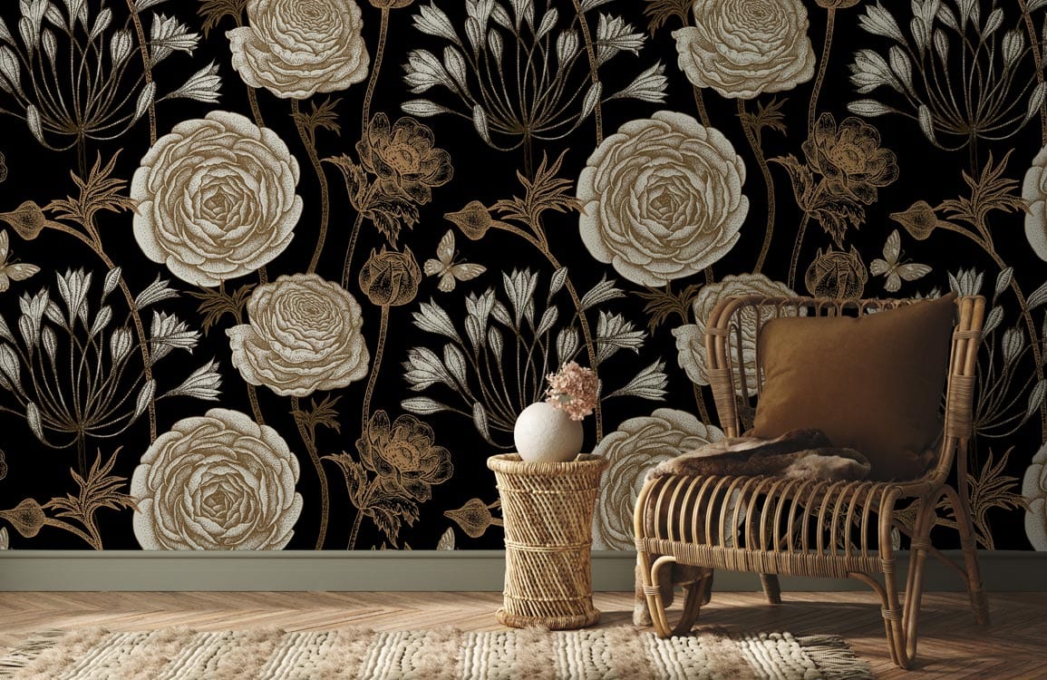 Alt text: Elegant vintage floral wallpaper with wicker chair, cushion, and vase in stylish living room.