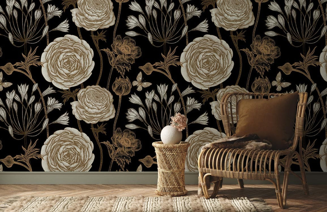 Alt text: Elegant vintage floral wallpaper with wicker chair, cushion, and vase in stylish living room.