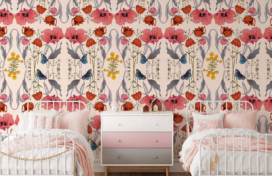 Vintage floral wallpaper with red poppies, butterflies in children's bedroom, white beds, and pastel dresser.