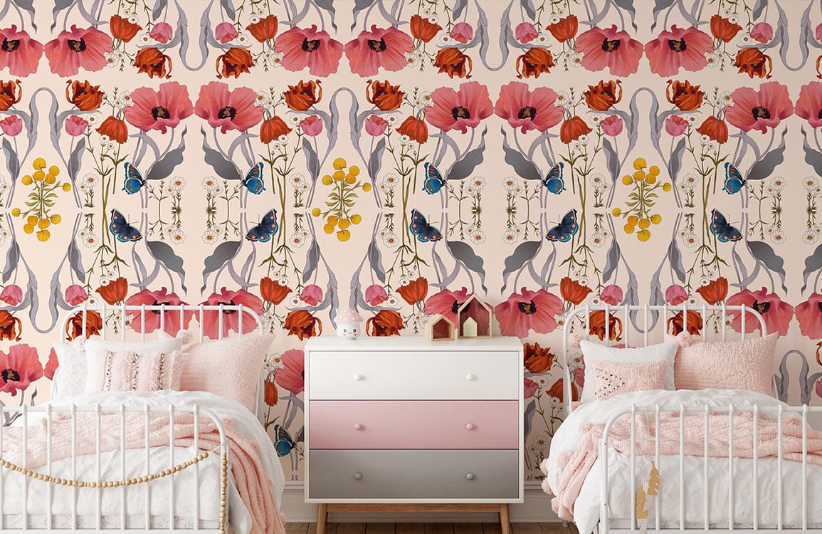 Vintage floral wallpaper with red poppies, butterflies in children's bedroom, white beds, and pastel dresser.